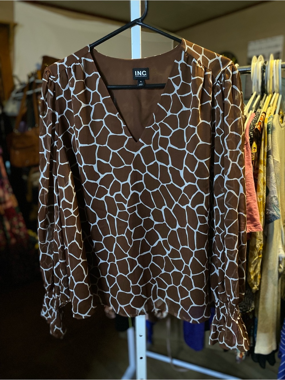 INC International Concepts Brown & White Giraffe-Print V-Neck Blouse